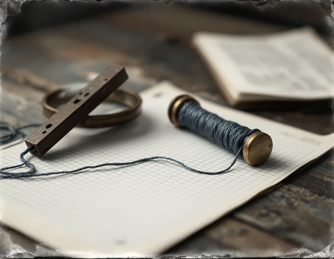Antique tintype of a brass shuttle and thread on a workbench